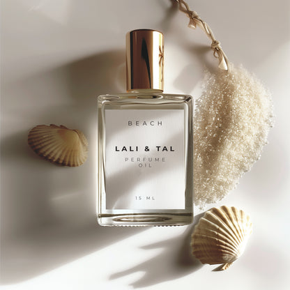 LALI & TAL BEACH perfume oil styled with ingredients that reflect the fragrance notes.