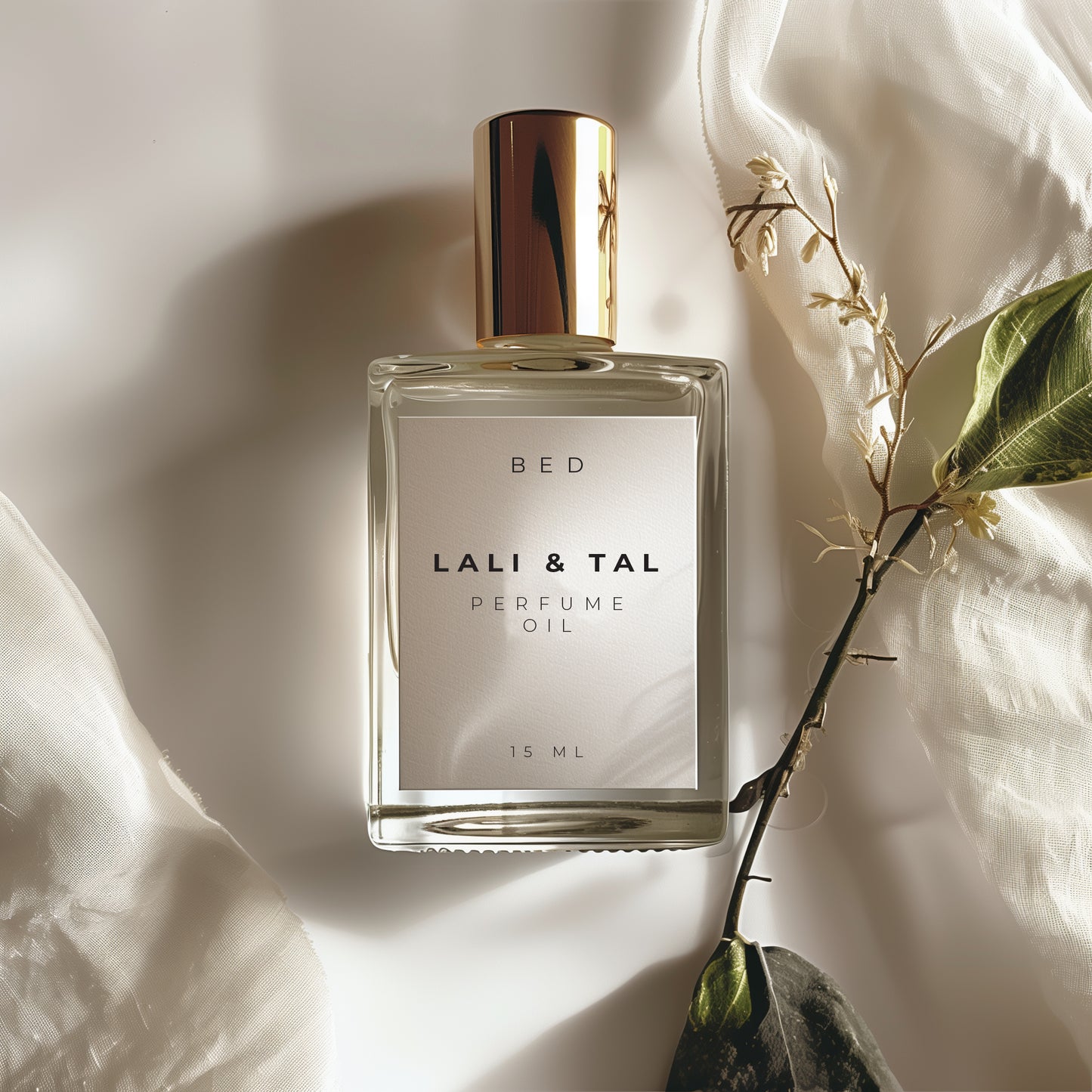 LALI & TAL BED perfume oil styled with ingredients that reflect the fragrance notes.