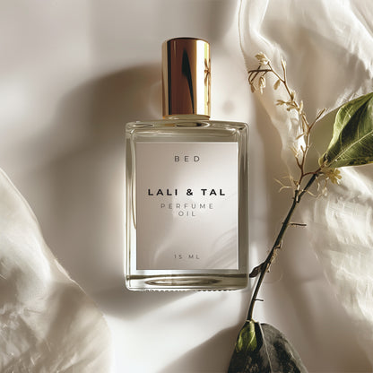 LALI & TAL BED perfume oil styled with ingredients that reflect the fragrance notes.