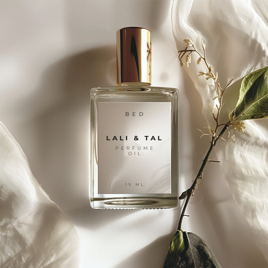 LALI & TAL BED perfume oil styled with ingredients that reflect the fragrance notes.