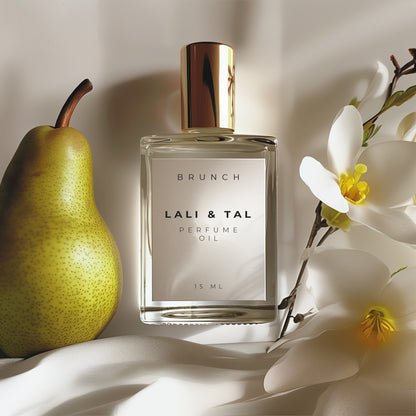 LALI & TAL BRUNCH perfume oil styled with ingredients that reflect the fragrance notes.