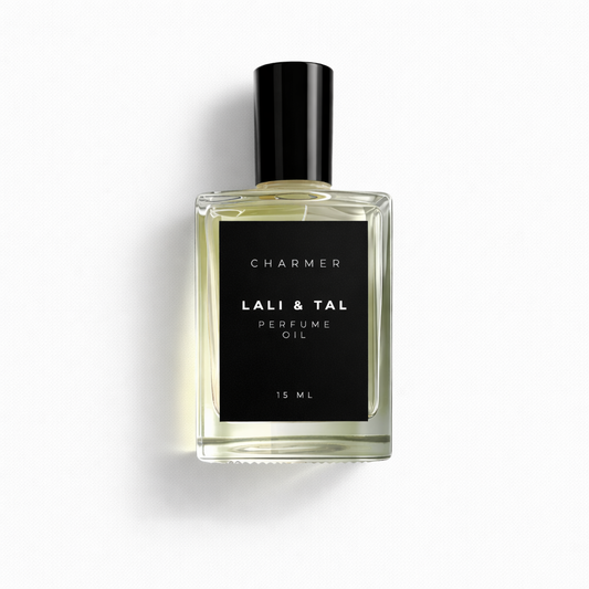 LALI & TAL CHARMER perfume oil bottle photographed on a white background.