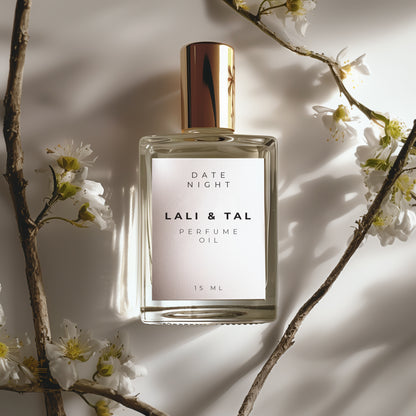 LALI & TAL DATE NIGHT perfume oil styled with ingredients that reflect the fragrance notes.