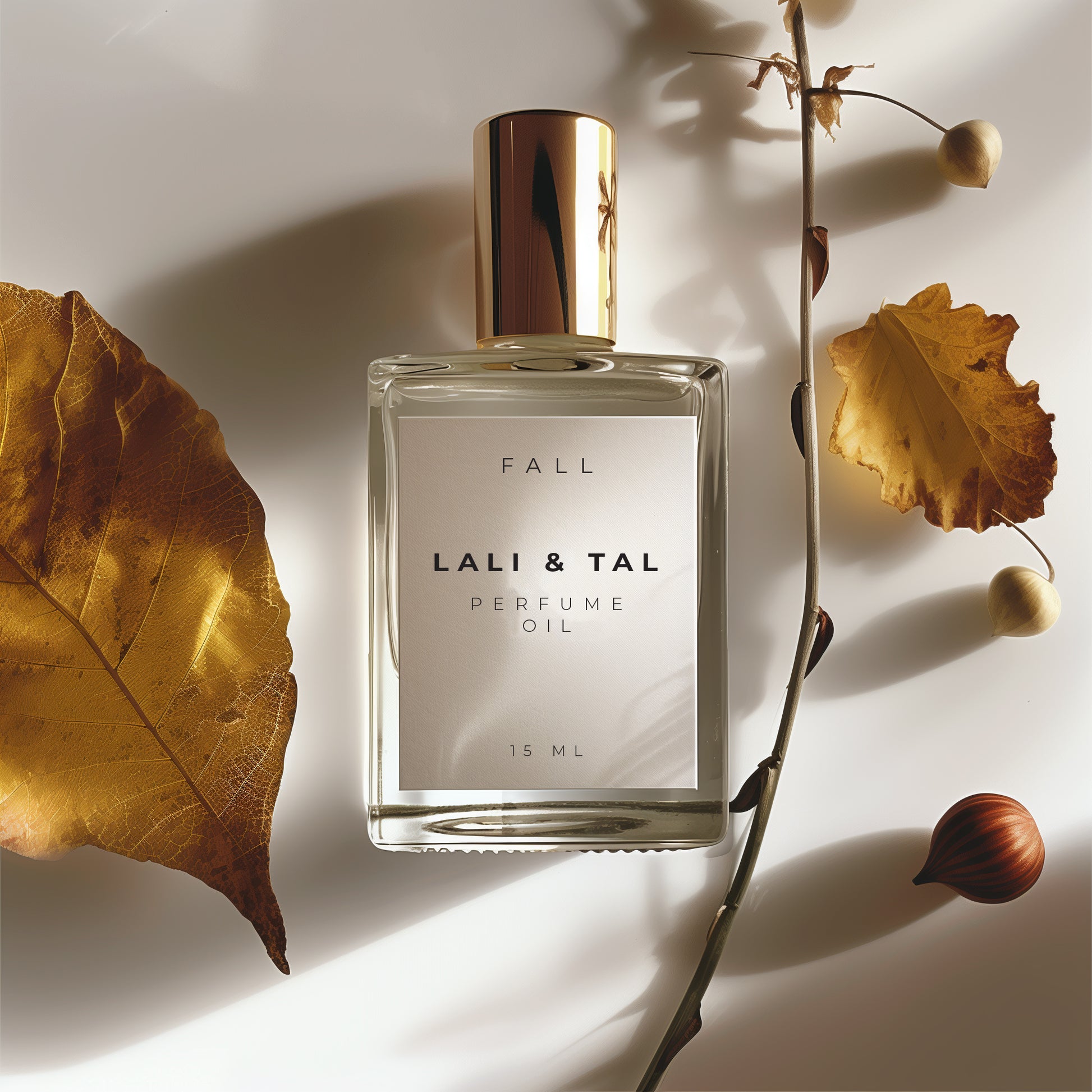 LALI & TAL FALL perfume oil styled with ingredients that reflect the fragrance notes.