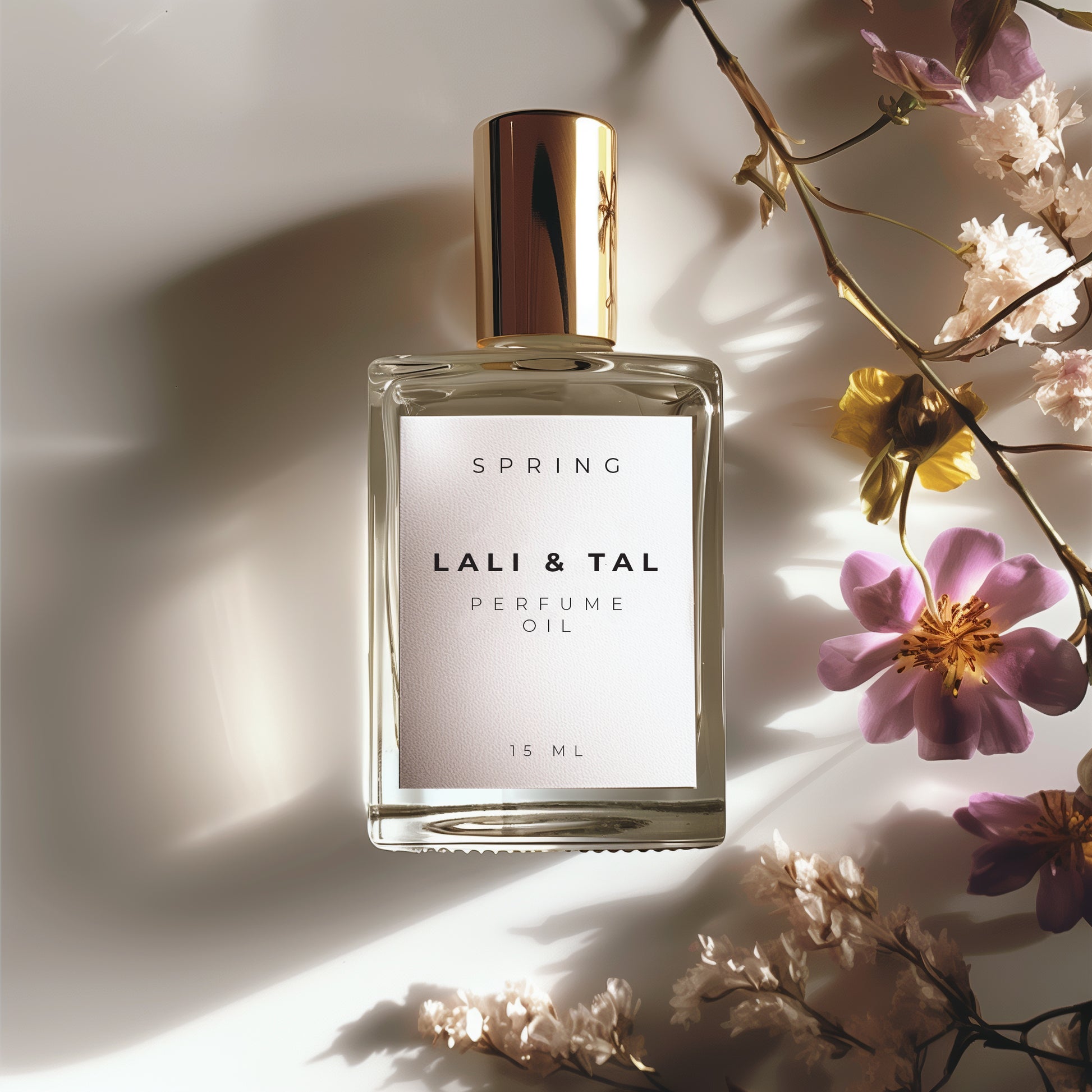 LALI & TAL SPRING perfume oil styled with ingredients that reflect the fragrance notes.