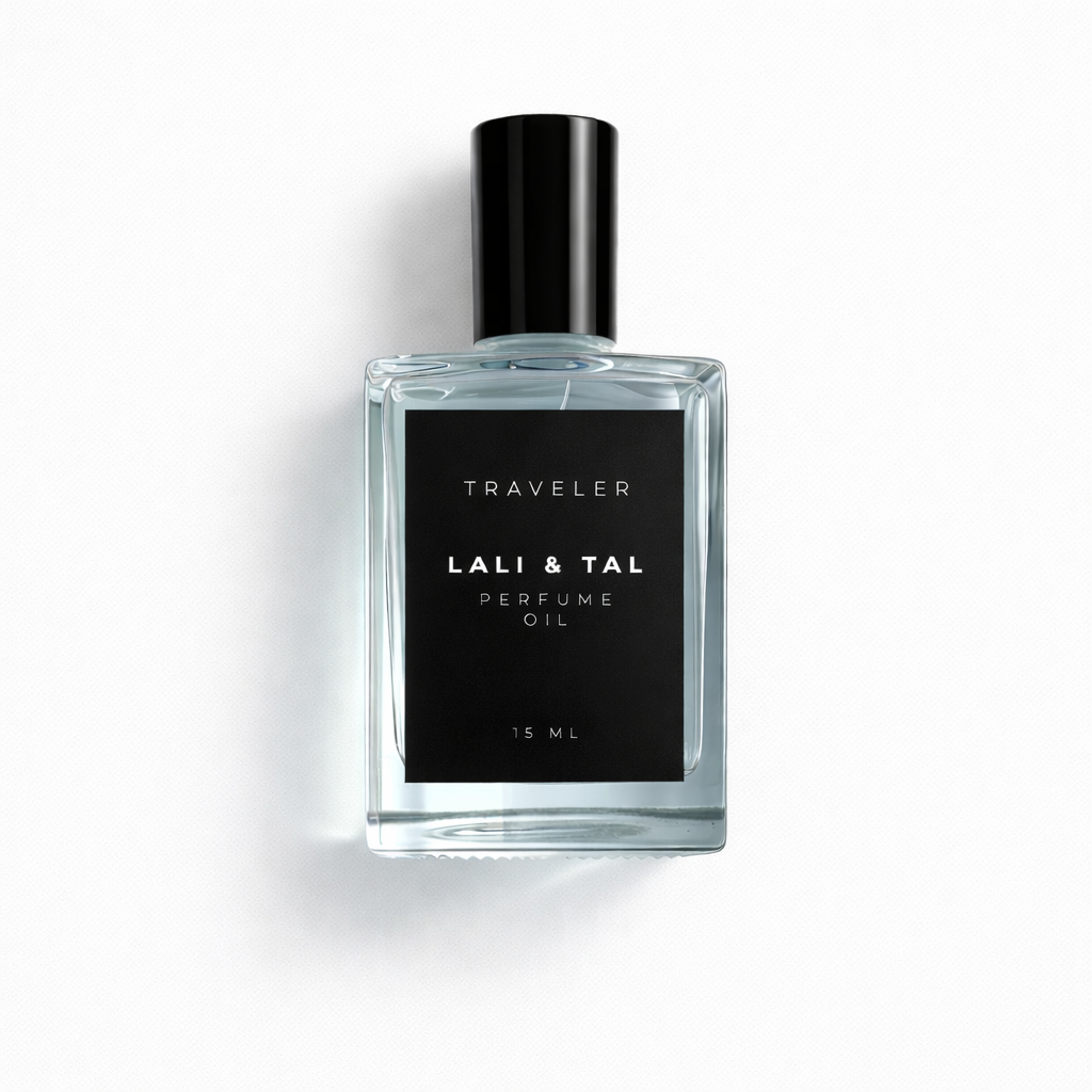 LALI & TAL TRAVELER perfume oil bottle photographed on a white background.