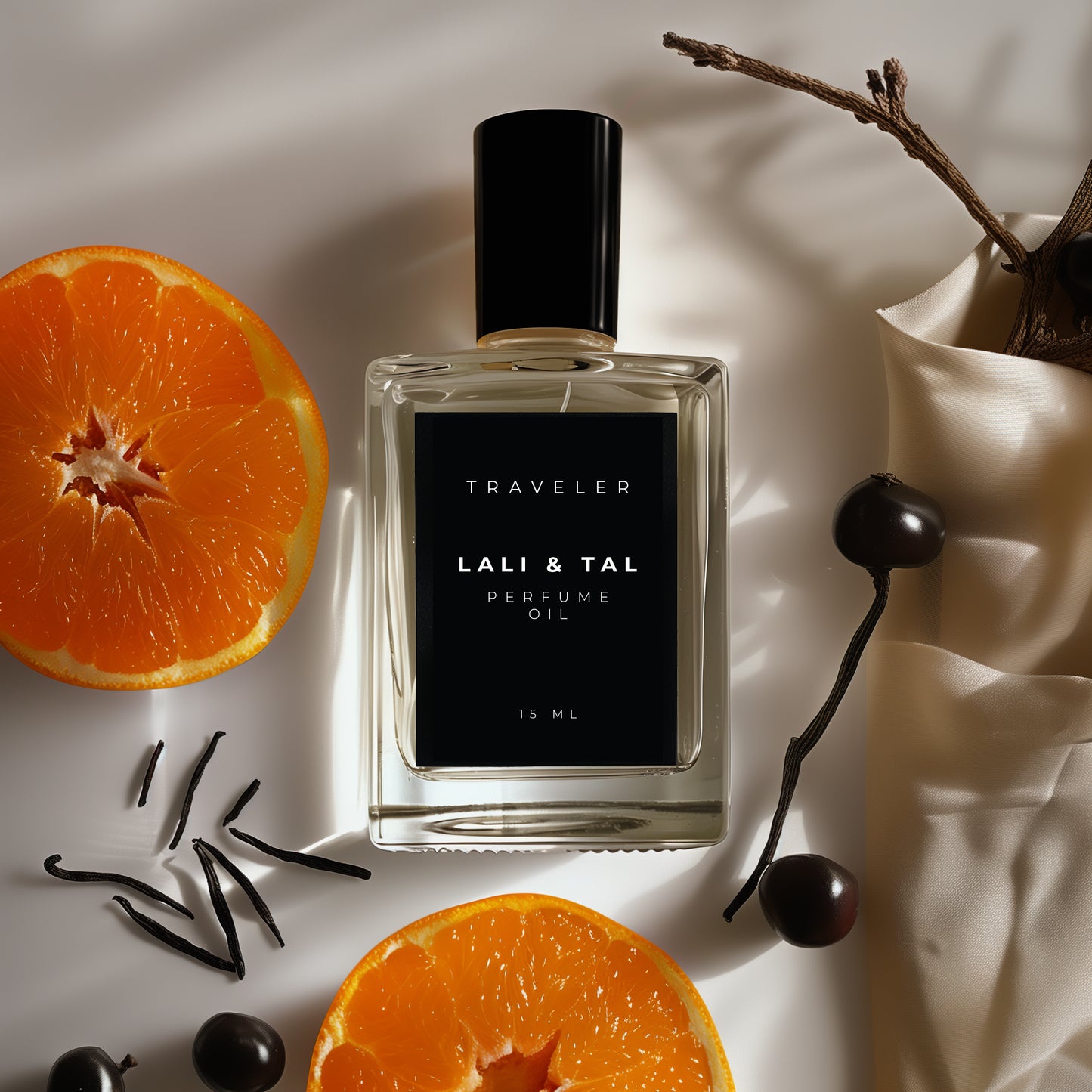 LALI & TAL TRAVELER perfume oil styled with ingredients that reflect the fragrance notes.