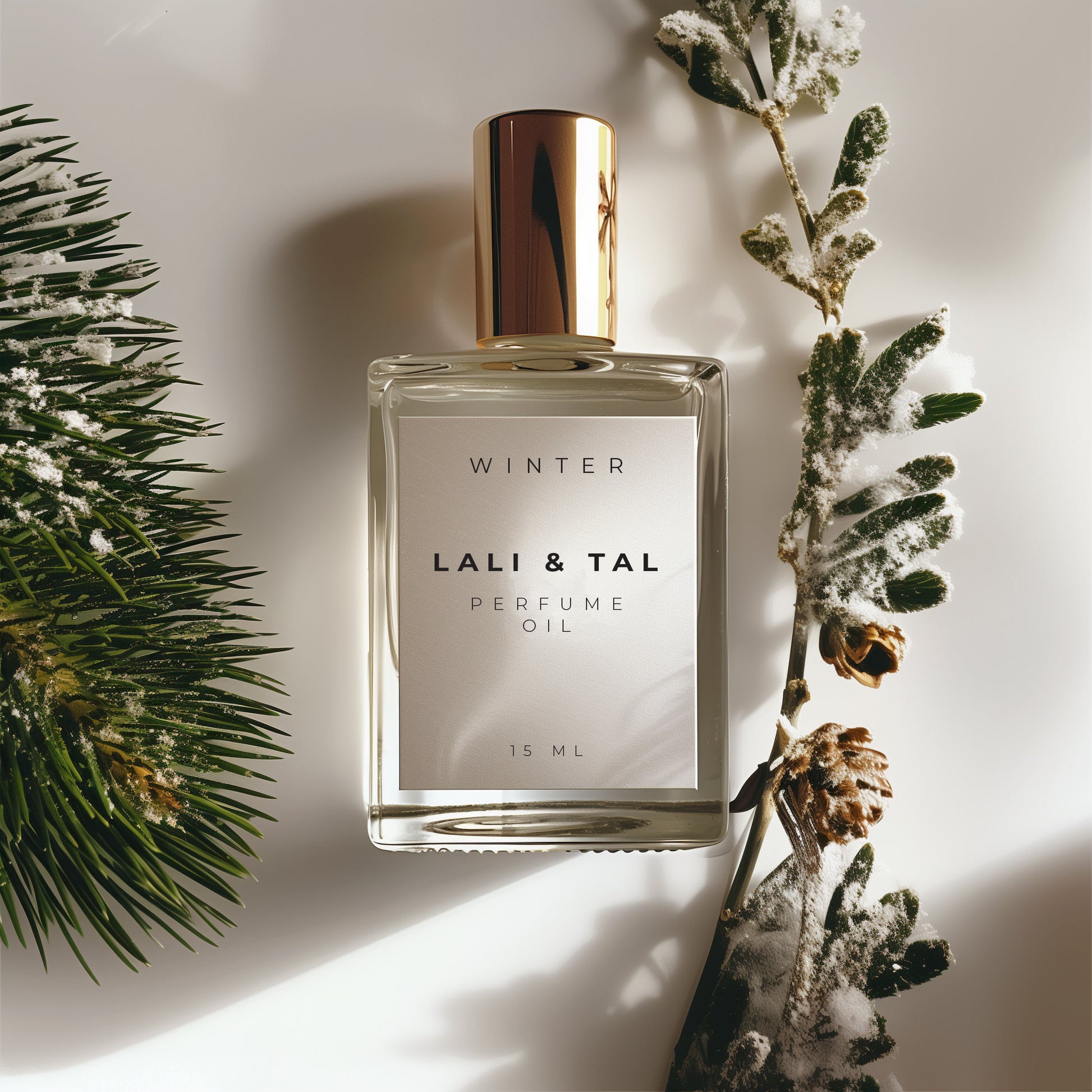 LALI & TAL WINTER perfume oil styled with ingredients that reflect the fragrance notes.
