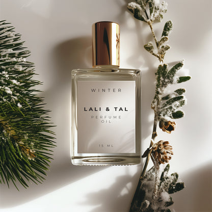 LALI & TAL WINTER perfume oil styled with ingredients that reflect the fragrance notes.